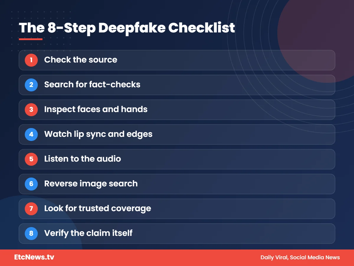 8-step checklist on how to spot a deepfake or AI-generated viral video